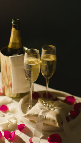 Vertical-Video-Of-Table-Set-To-Celebrate-Marriage-With-Champagne-And-Rings-On-Satin-Cushion-At-Night